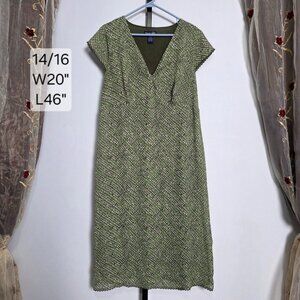 Venezia Jeans Dress Women's 14/16 Olive Green Geometric V-Neck Midi Scallop Trim